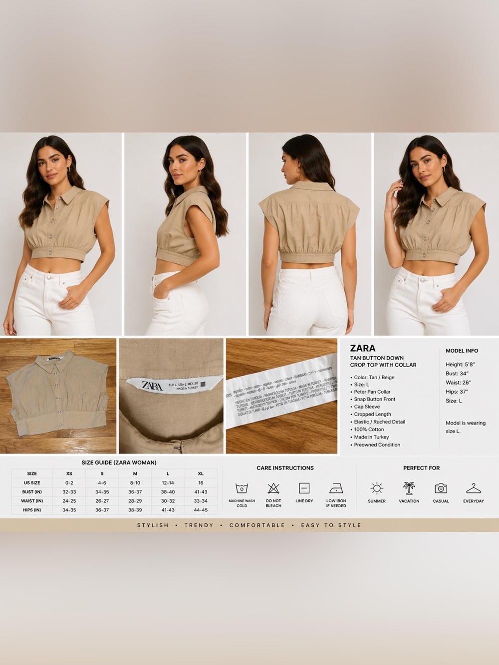 Zara Tan Button Down Crop Top Size L Beige Cotton Collared Sleeveless Top